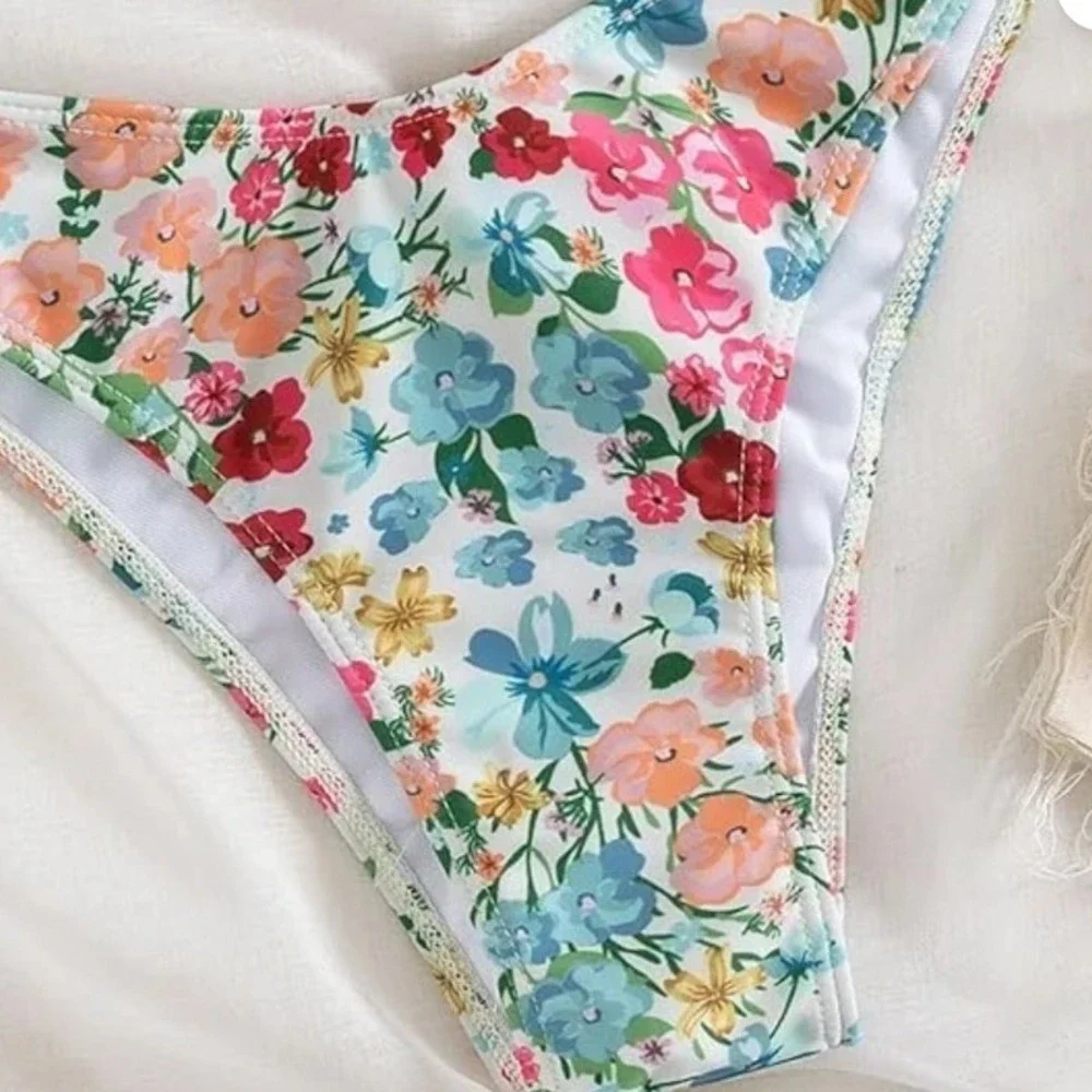 Floral Bandeau Tie Front Bikini Set Multicolor High Cut Swimsuit Large‎